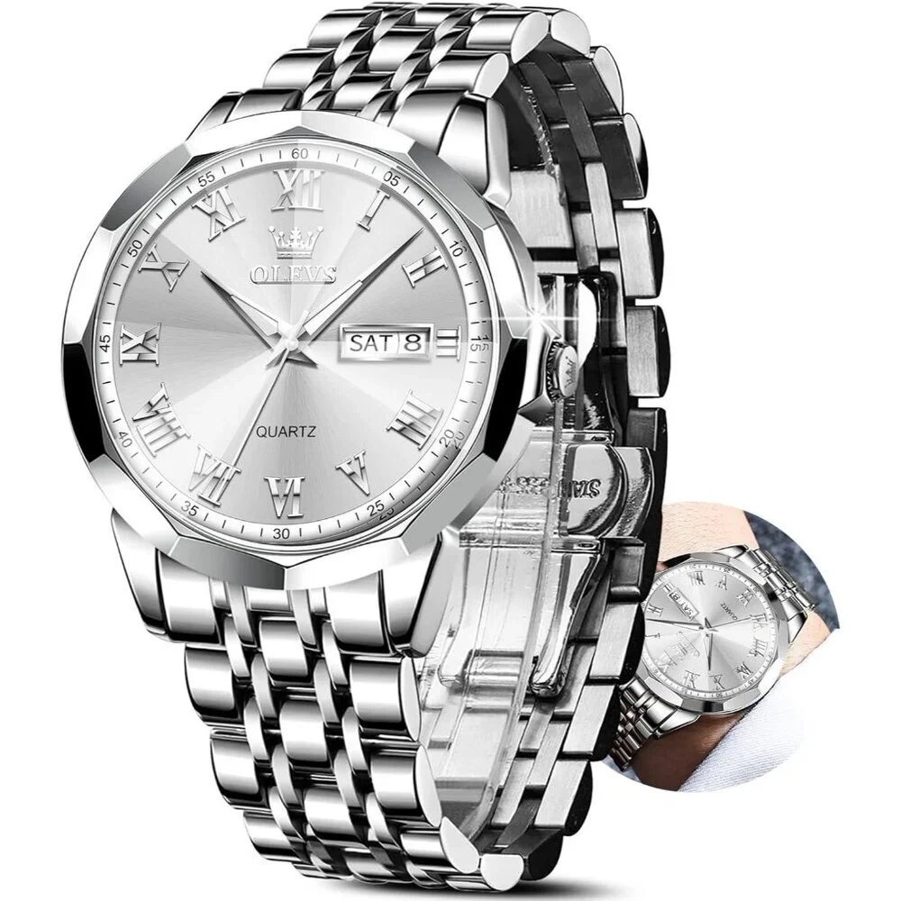 Olevs Men's Silver Steel Stain Waterproof Stainless Luminous Stylish Wrist Watch